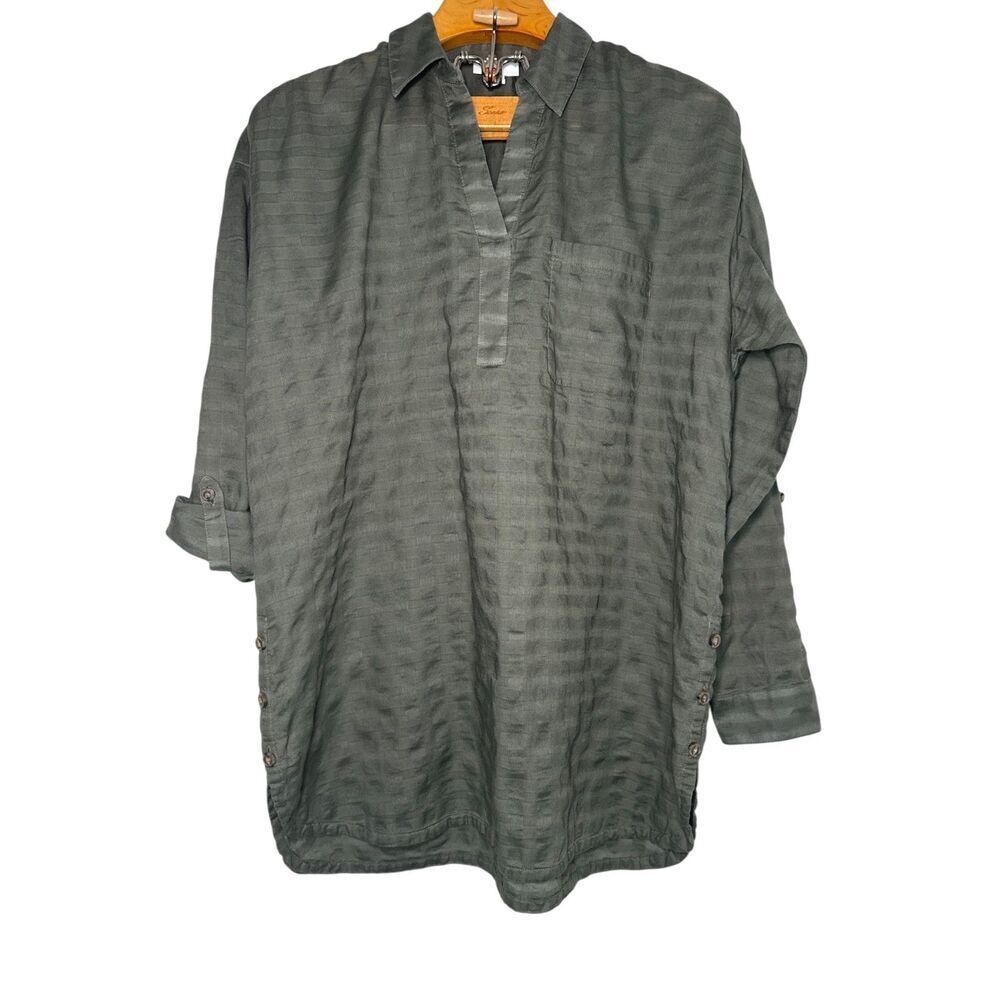 J. Jill Textured Side Button Shirttail Tunic Top Roll Tab Long Sleeve SZ: M Tall
